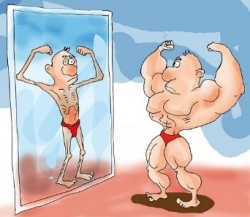 Cartoon of guy looking in the mirror and seeing different reflection